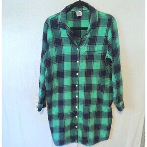 Lands End Womens Sz L Teal & Navy Plaid Flannel Night Shirt Nightgown